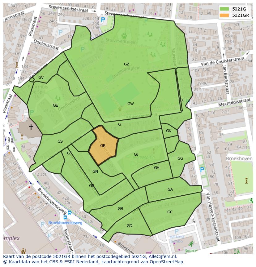 Afbeelding van het postcodegebied 5021 GR op de kaart.