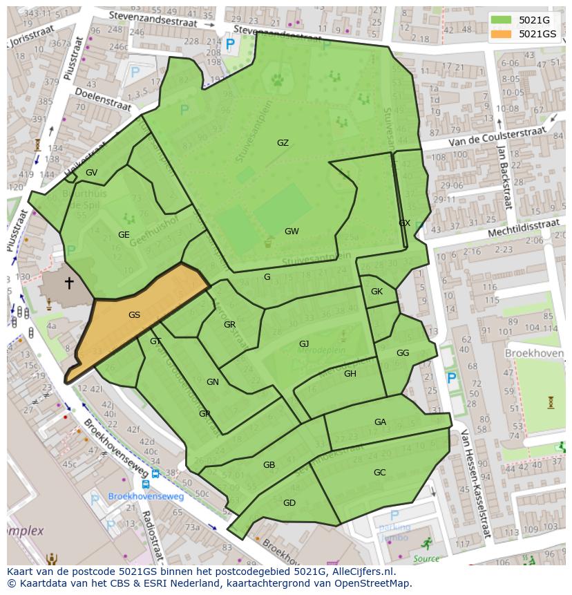 Afbeelding van het postcodegebied 5021 GS op de kaart.