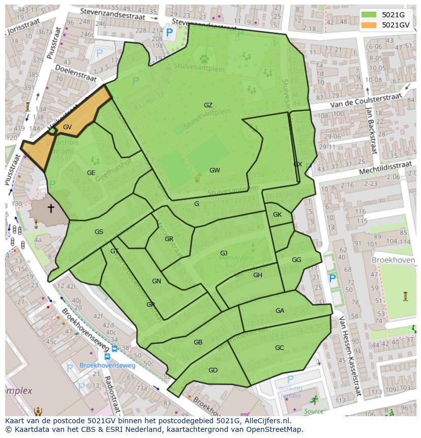 Afbeelding van het postcodegebied 5021 GV op de kaart.