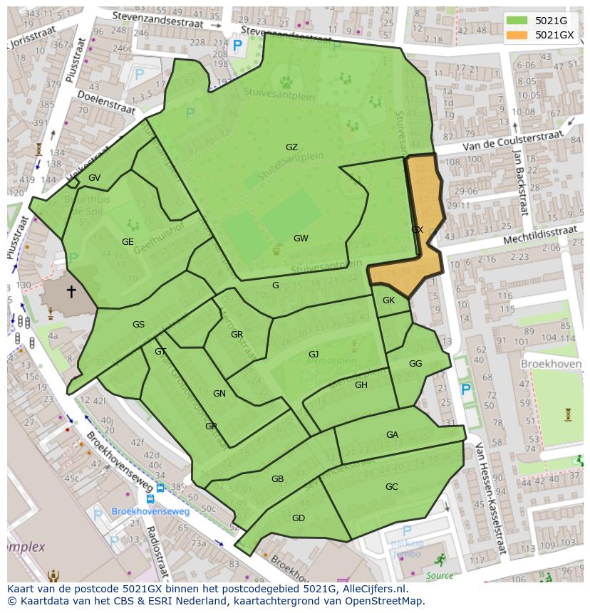 Afbeelding van het postcodegebied 5021 GX op de kaart.