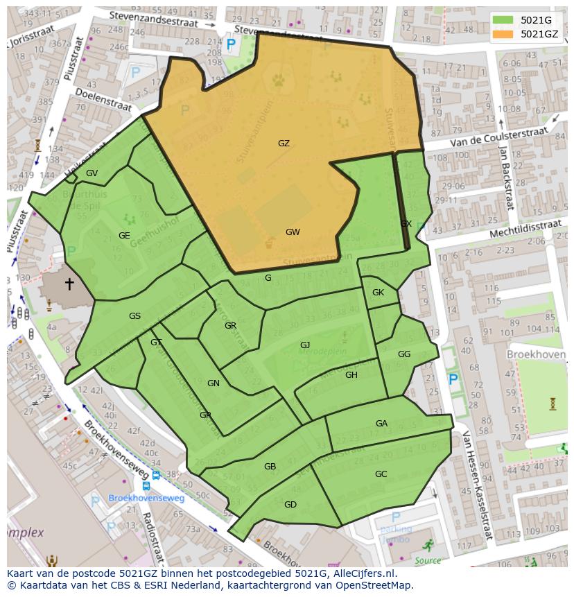 Afbeelding van het postcodegebied 5021 GZ op de kaart.