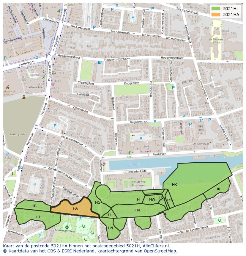 Afbeelding van het postcodegebied 5021 HA op de kaart.