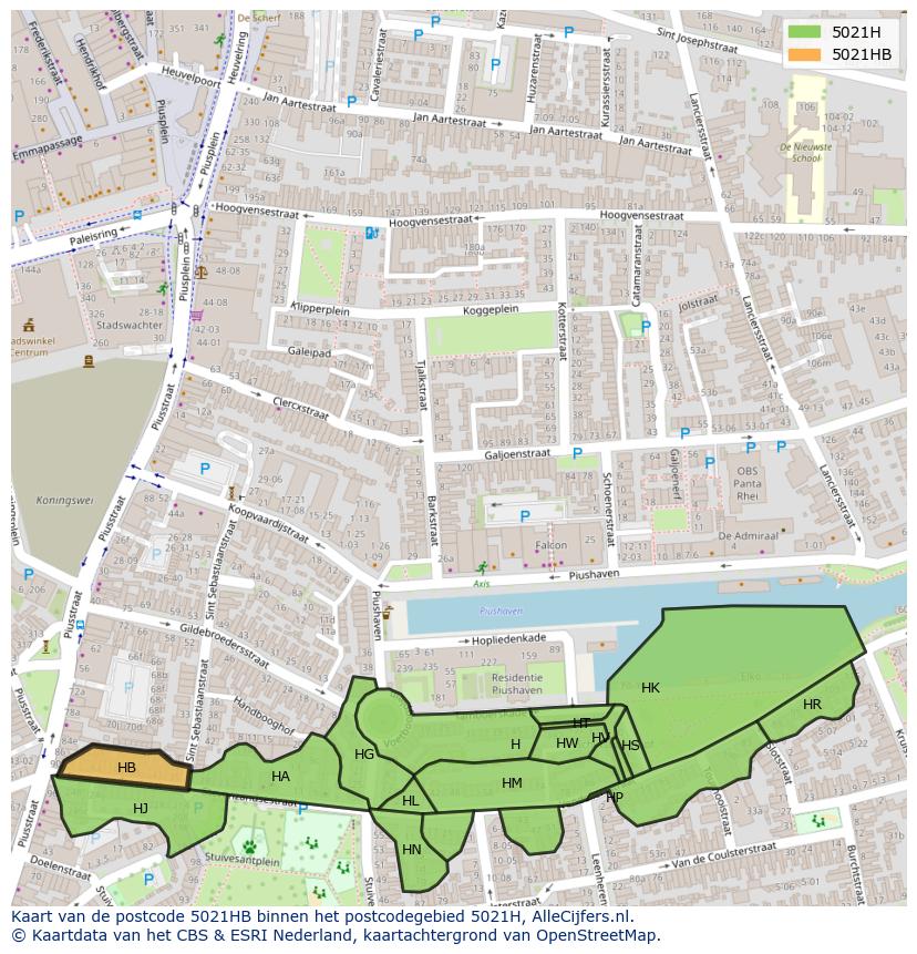 Afbeelding van het postcodegebied 5021 HB op de kaart.
