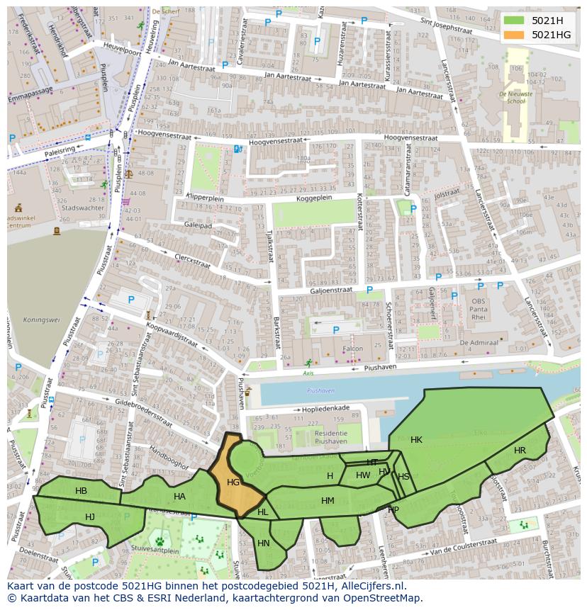 Afbeelding van het postcodegebied 5021 HG op de kaart.