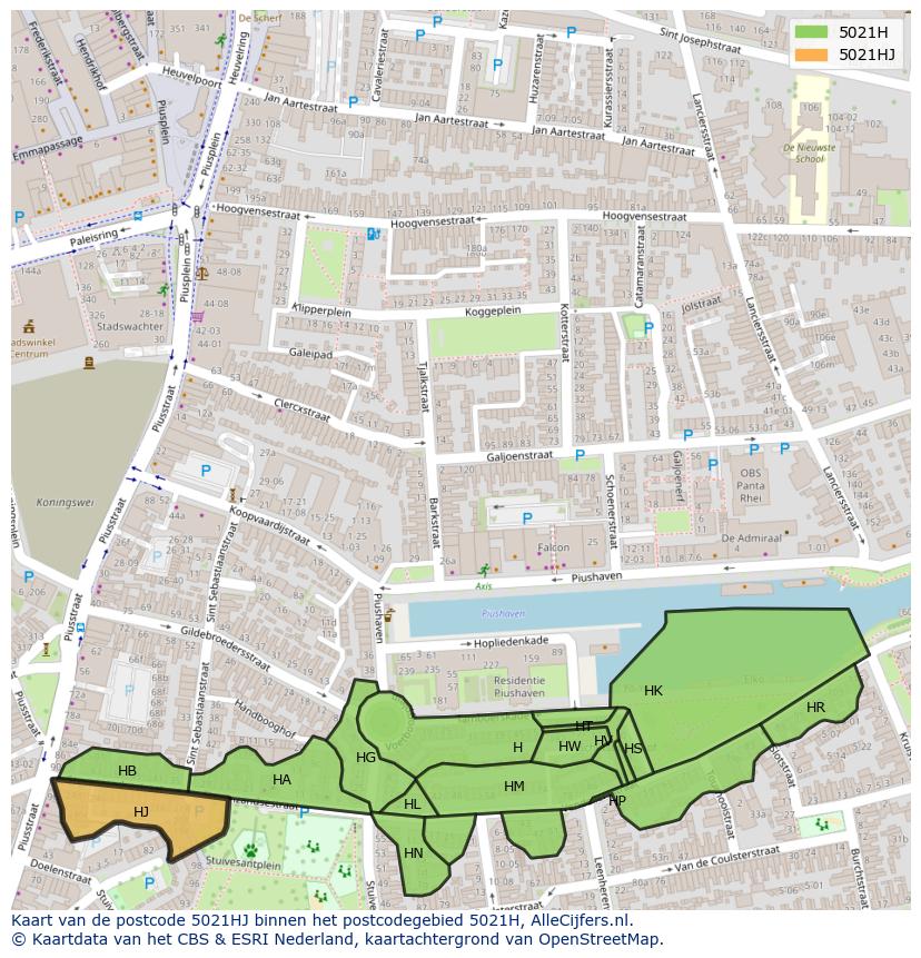 Afbeelding van het postcodegebied 5021 HJ op de kaart.