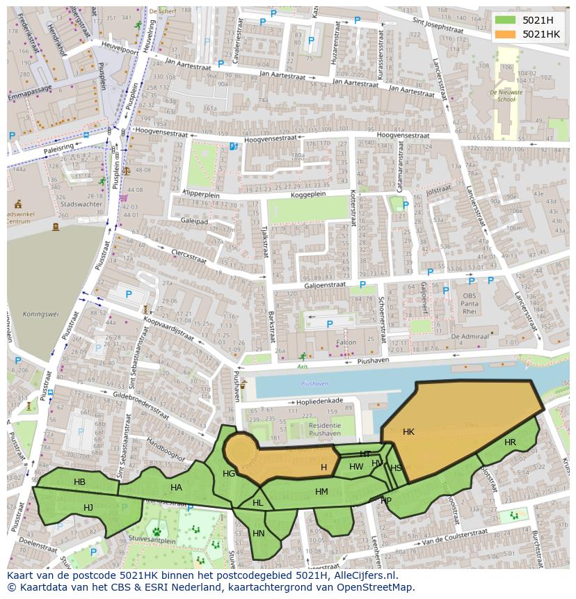 Afbeelding van het postcodegebied 5021 HK op de kaart.