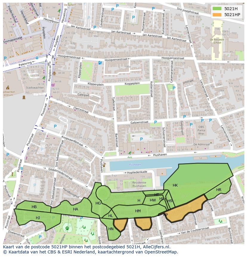 Afbeelding van het postcodegebied 5021 HP op de kaart.