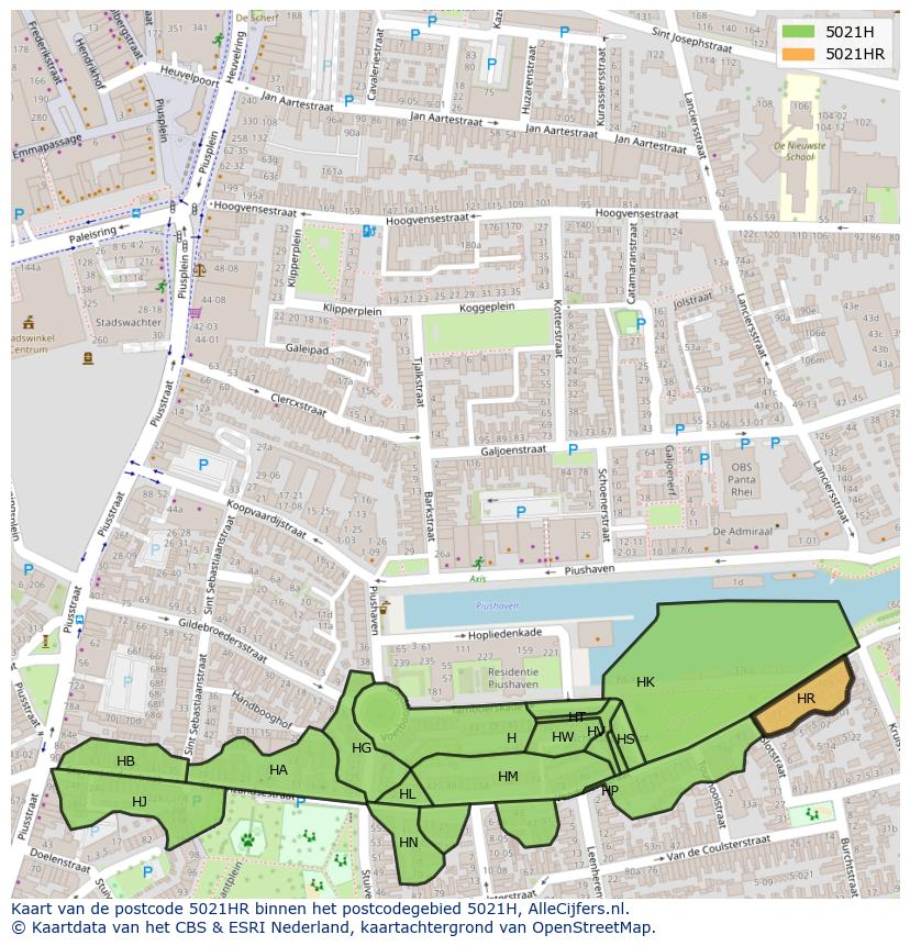 Afbeelding van het postcodegebied 5021 HR op de kaart.