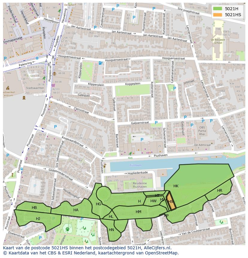 Afbeelding van het postcodegebied 5021 HS op de kaart.