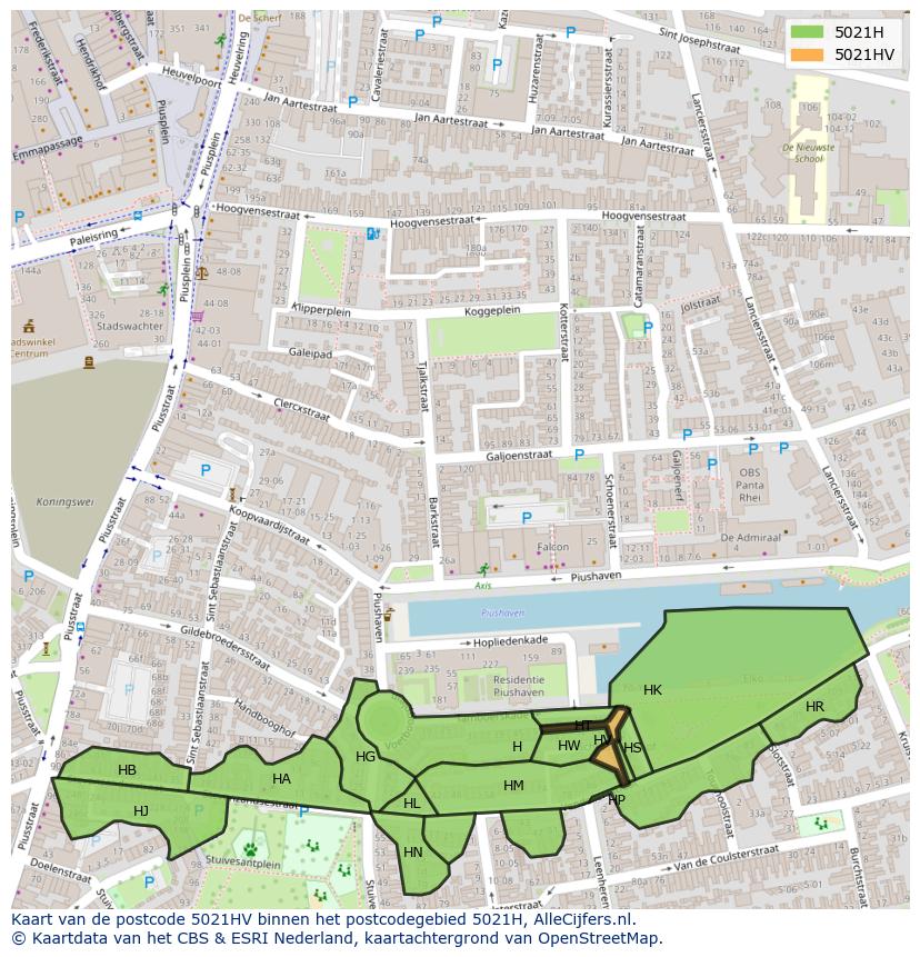 Afbeelding van het postcodegebied 5021 HV op de kaart.