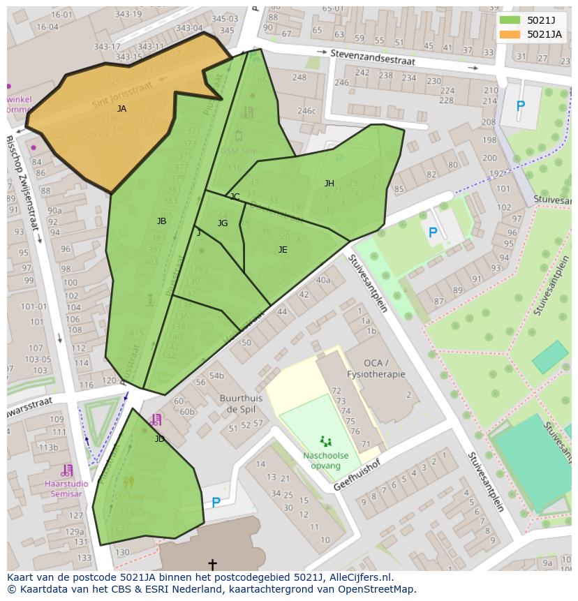 Afbeelding van het postcodegebied 5021 JA op de kaart.