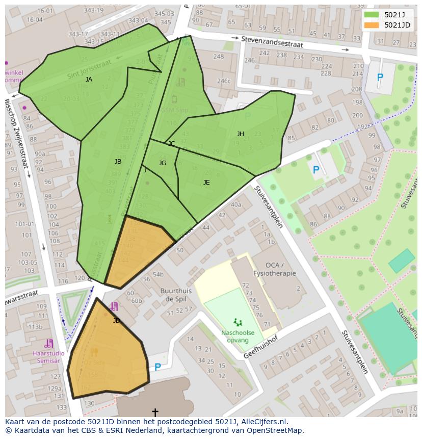 Afbeelding van het postcodegebied 5021 JD op de kaart.