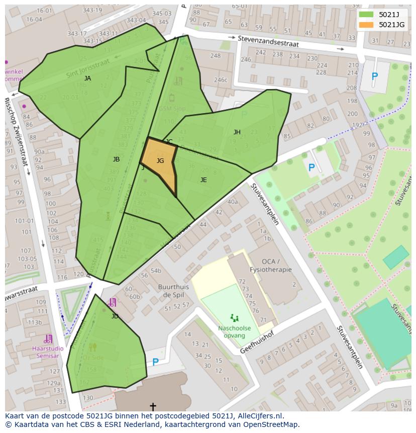 Afbeelding van het postcodegebied 5021 JG op de kaart.