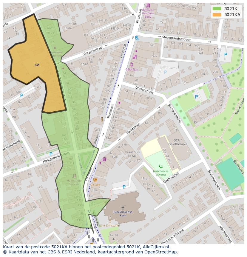 Afbeelding van het postcodegebied 5021 KA op de kaart.