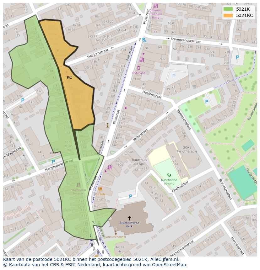 Afbeelding van het postcodegebied 5021 KC op de kaart.
