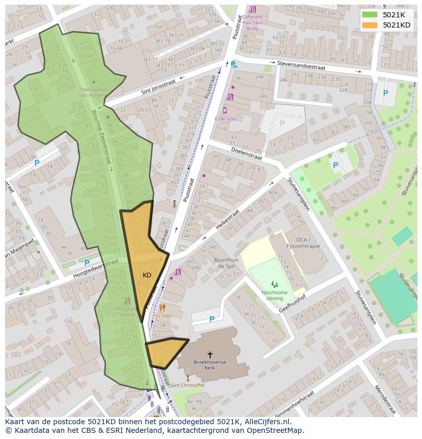 Afbeelding van het postcodegebied 5021 KD op de kaart.