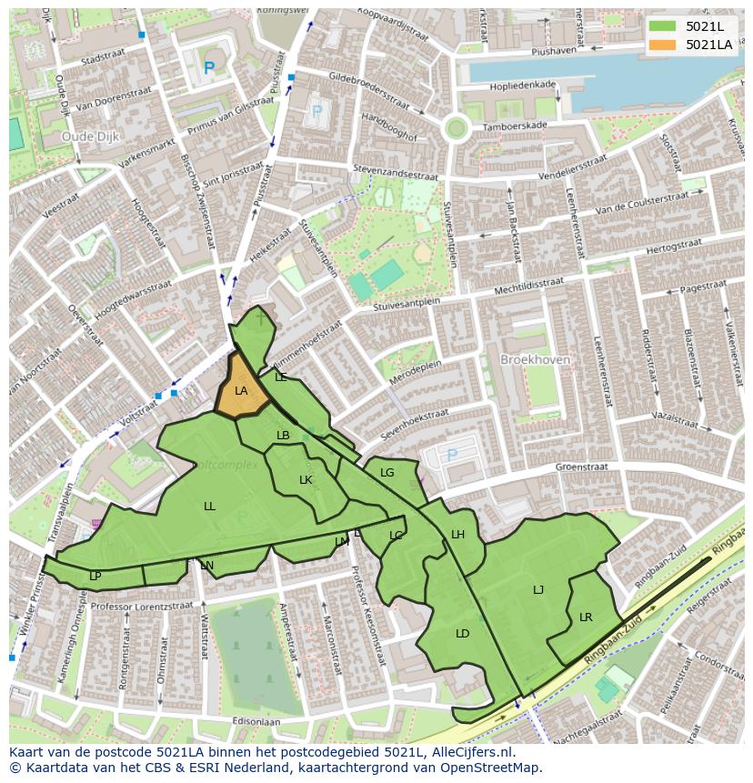 Afbeelding van het postcodegebied 5021 LA op de kaart.