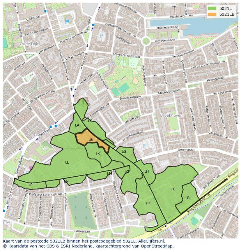 Afbeelding van het postcodegebied 5021 LB op de kaart.