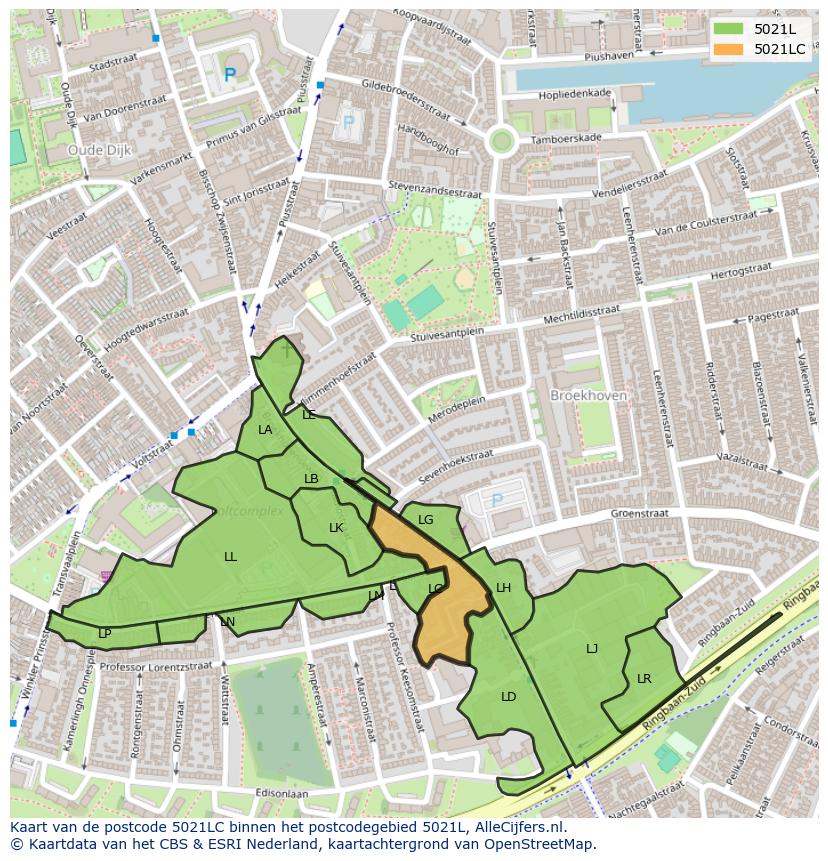 Afbeelding van het postcodegebied 5021 LC op de kaart.