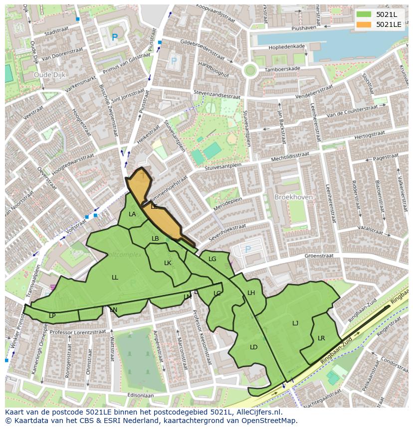 Afbeelding van het postcodegebied 5021 LE op de kaart.