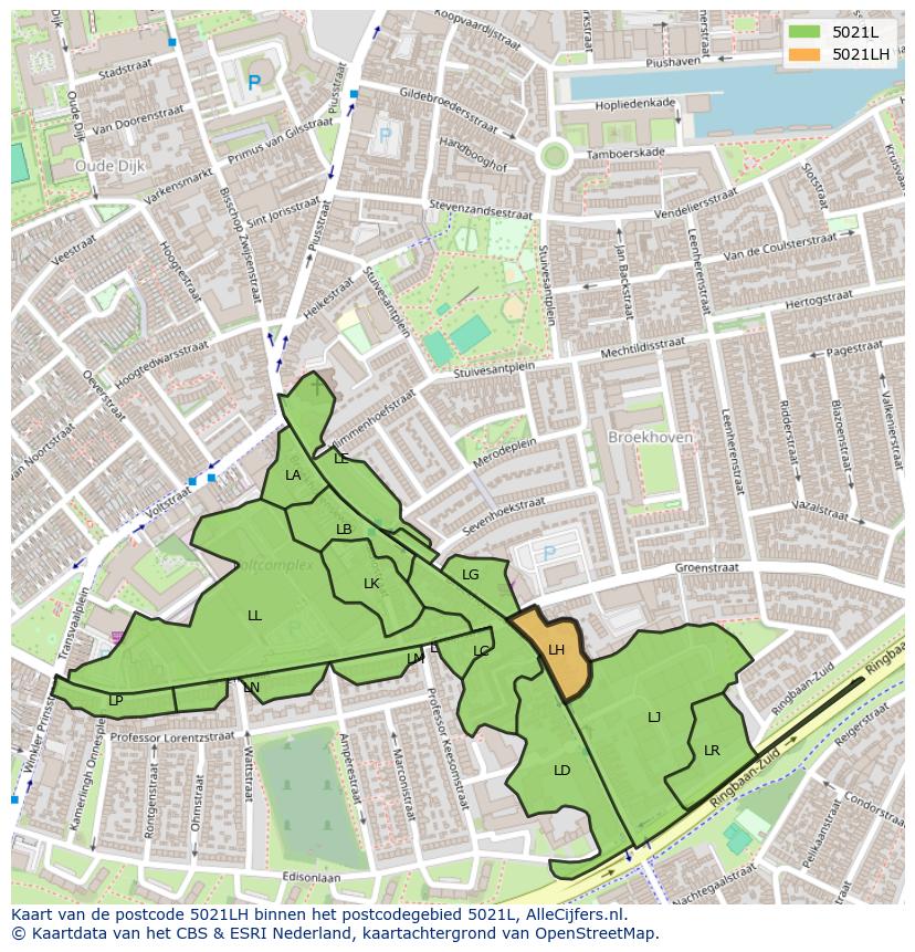 Afbeelding van het postcodegebied 5021 LH op de kaart.