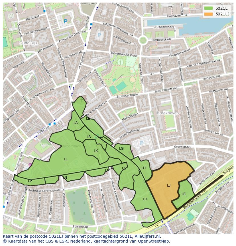Afbeelding van het postcodegebied 5021 LJ op de kaart.