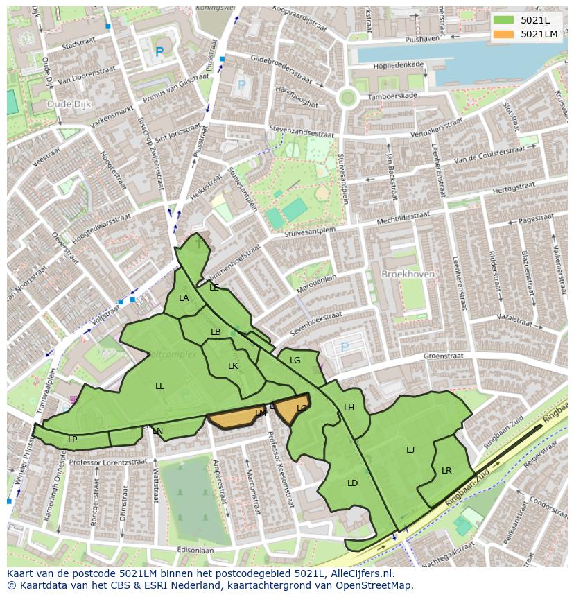Afbeelding van het postcodegebied 5021 LM op de kaart.