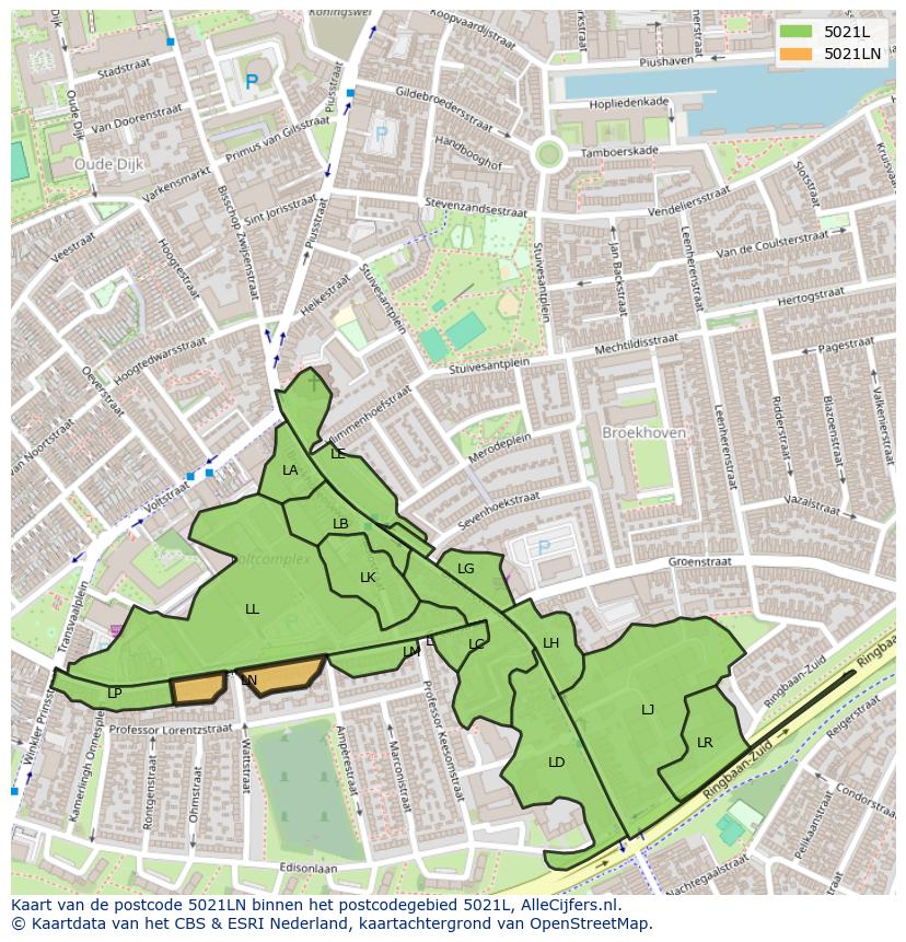 Afbeelding van het postcodegebied 5021 LN op de kaart.