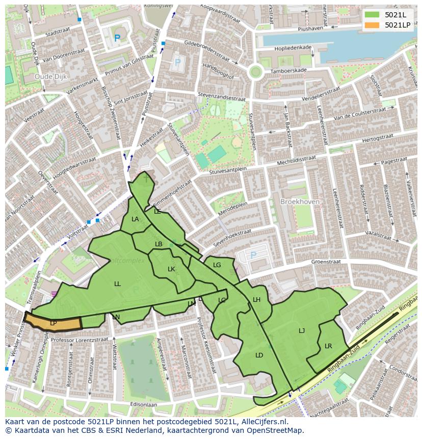 Afbeelding van het postcodegebied 5021 LP op de kaart.