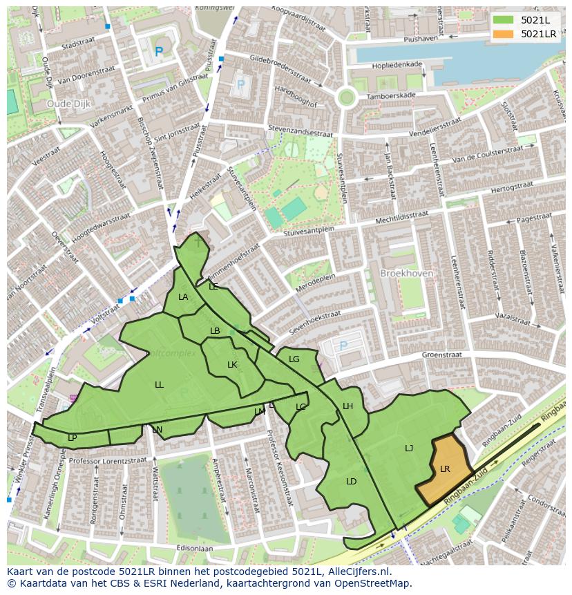 Afbeelding van het postcodegebied 5021 LR op de kaart.