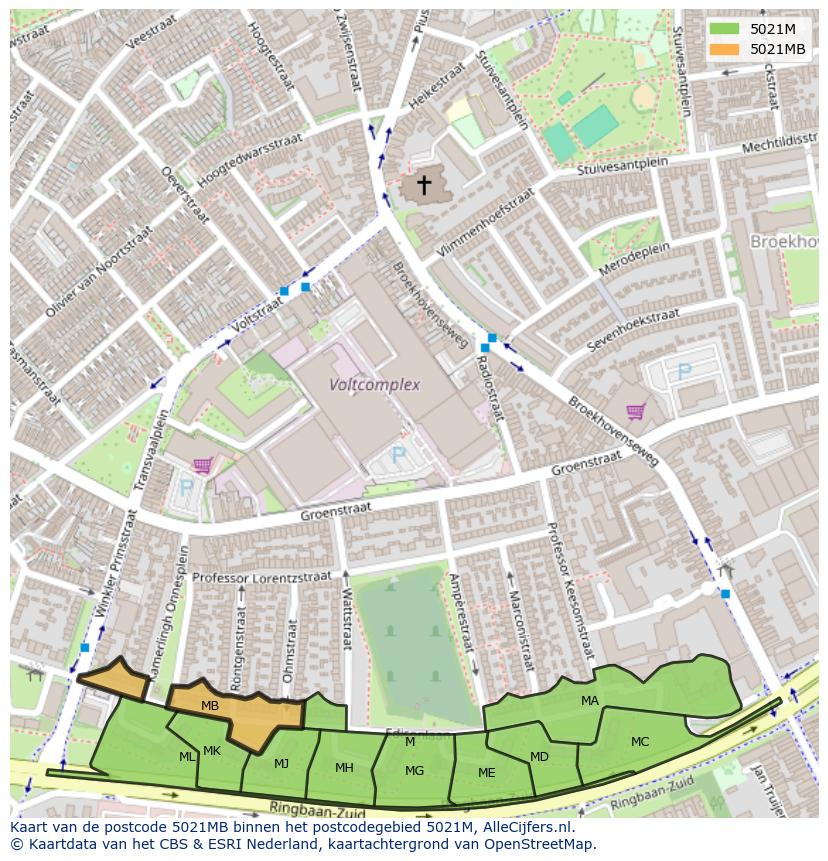 Afbeelding van het postcodegebied 5021 MB op de kaart.