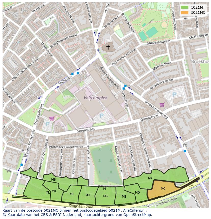 Afbeelding van het postcodegebied 5021 MC op de kaart.