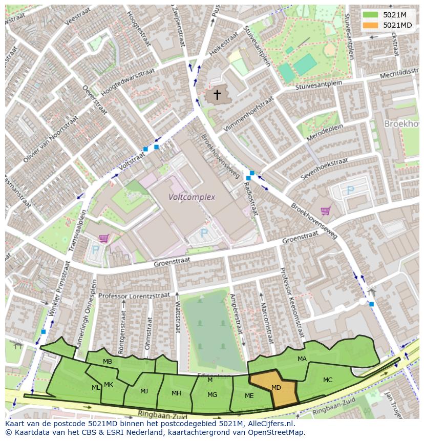 Afbeelding van het postcodegebied 5021 MD op de kaart.