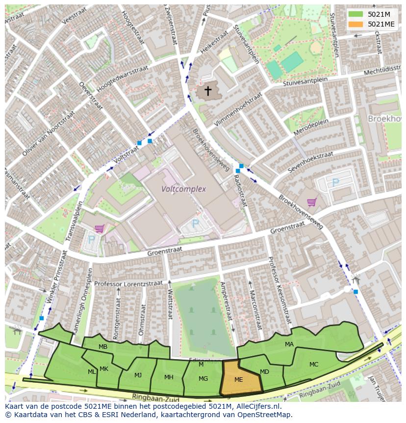 Afbeelding van het postcodegebied 5021 ME op de kaart.