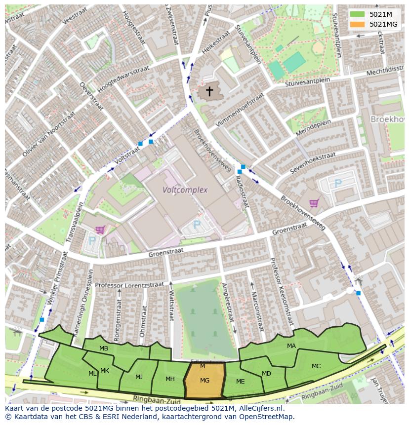 Afbeelding van het postcodegebied 5021 MG op de kaart.