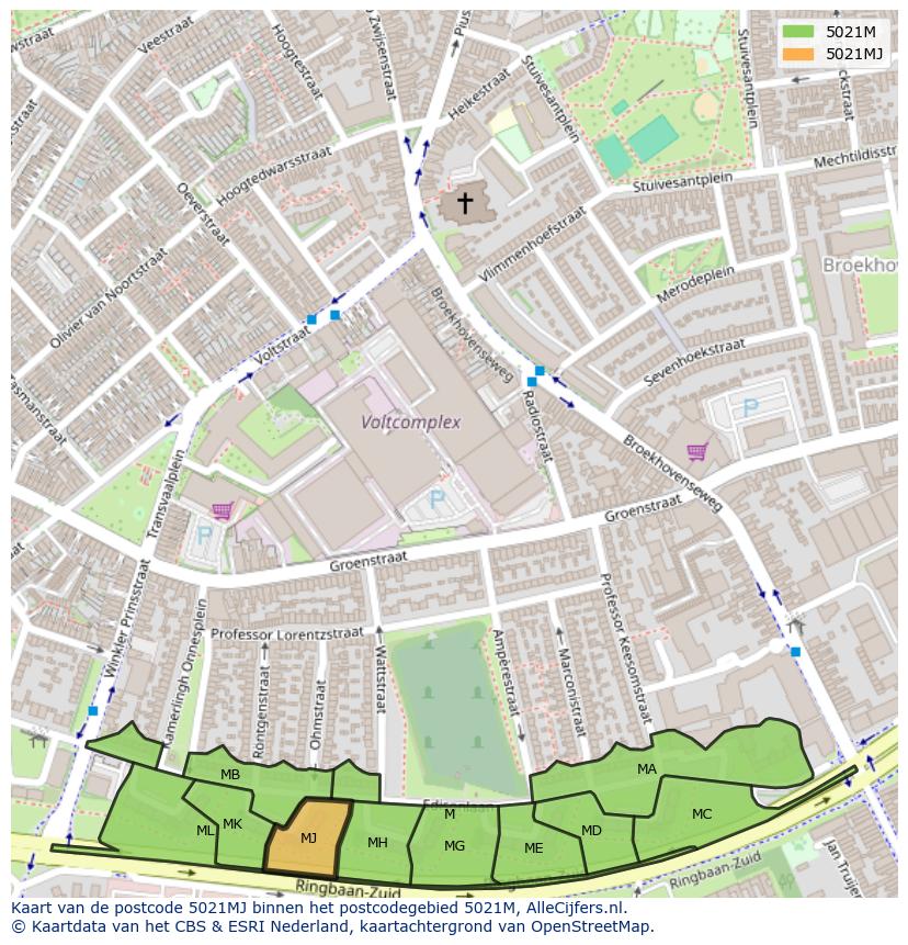 Afbeelding van het postcodegebied 5021 MJ op de kaart.