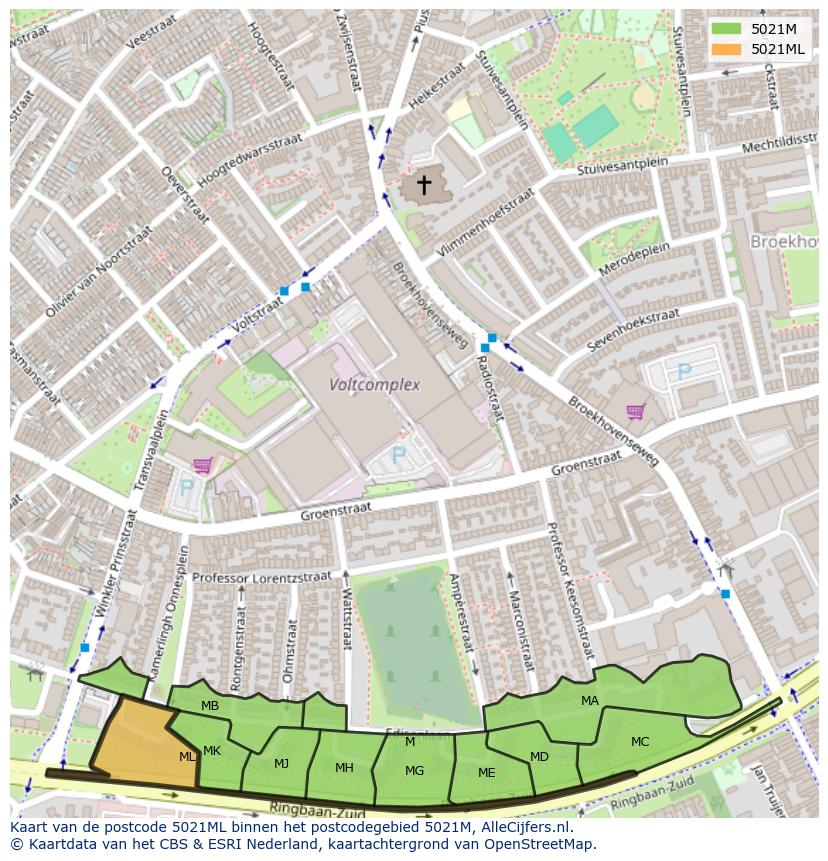 Afbeelding van het postcodegebied 5021 ML op de kaart.