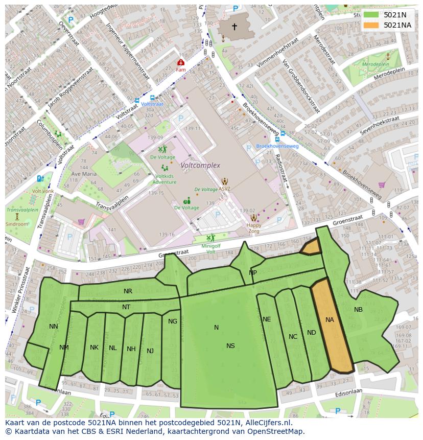 Afbeelding van het postcodegebied 5021 NA op de kaart.