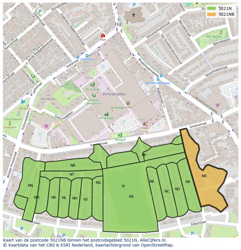 Afbeelding van het postcodegebied 5021 NB op de kaart.
