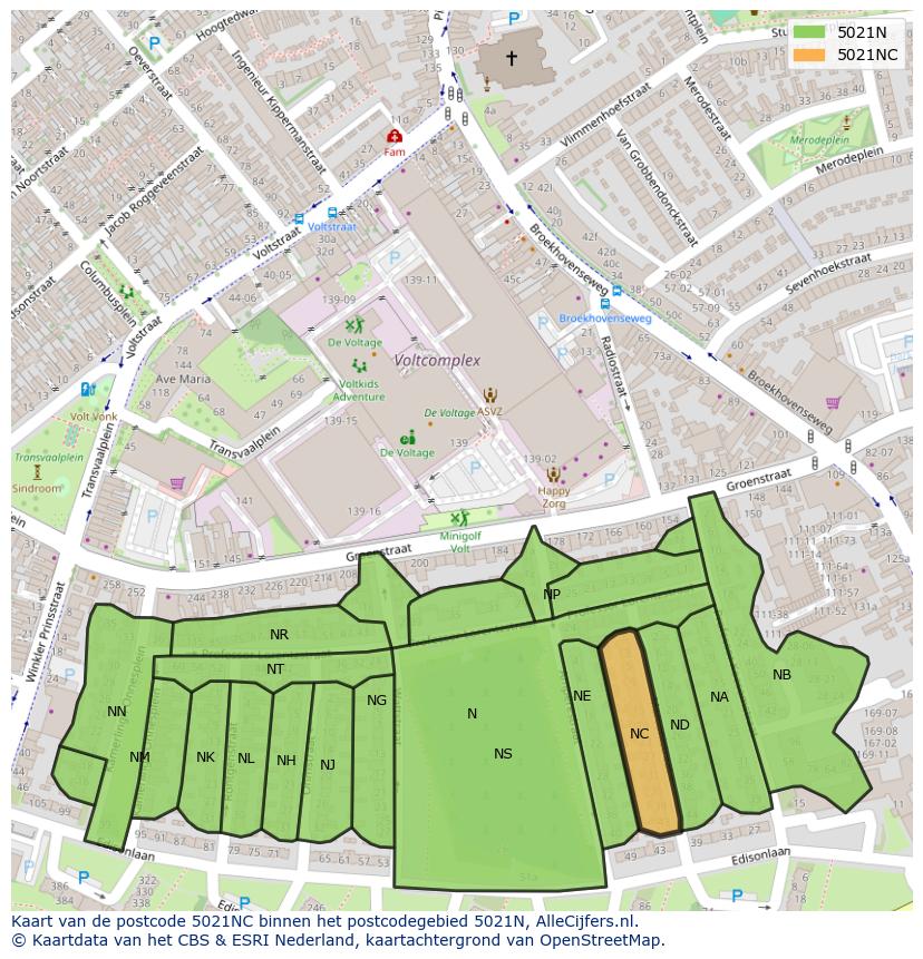 Afbeelding van het postcodegebied 5021 NC op de kaart.