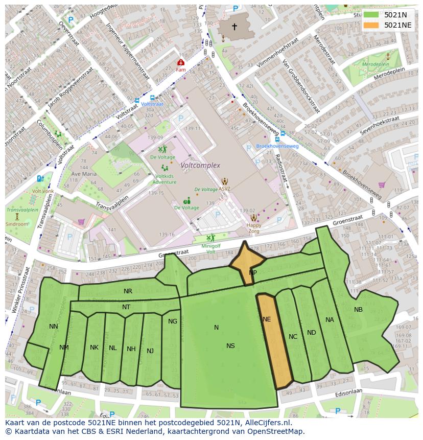 Afbeelding van het postcodegebied 5021 NE op de kaart.
