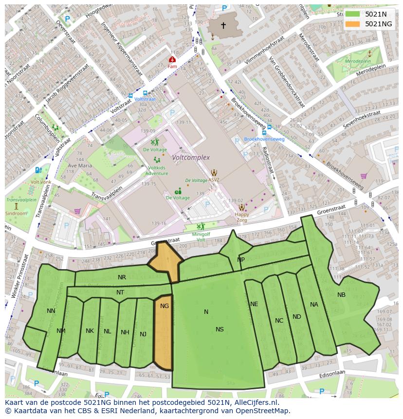 Afbeelding van het postcodegebied 5021 NG op de kaart.