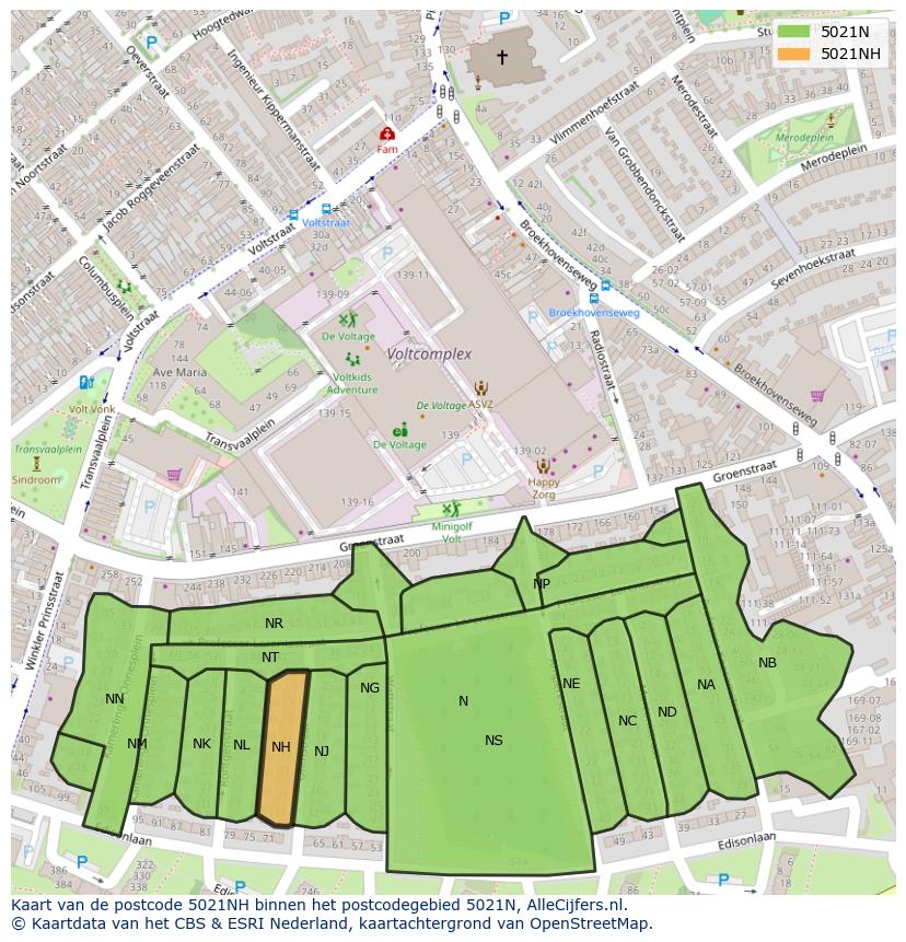 Afbeelding van het postcodegebied 5021 NH op de kaart.