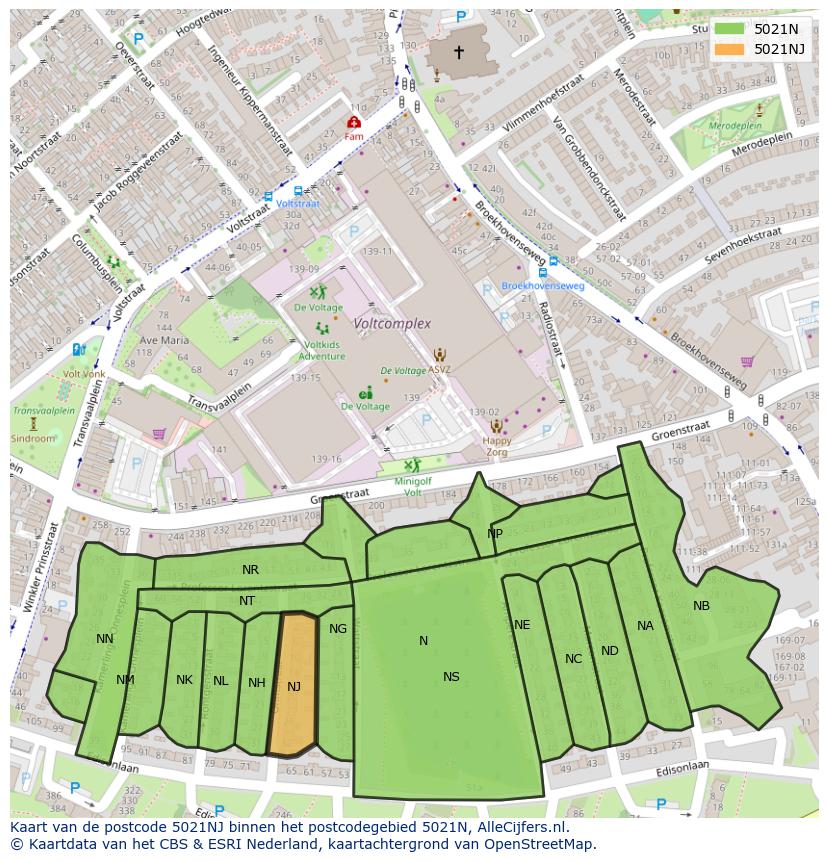 Afbeelding van het postcodegebied 5021 NJ op de kaart.