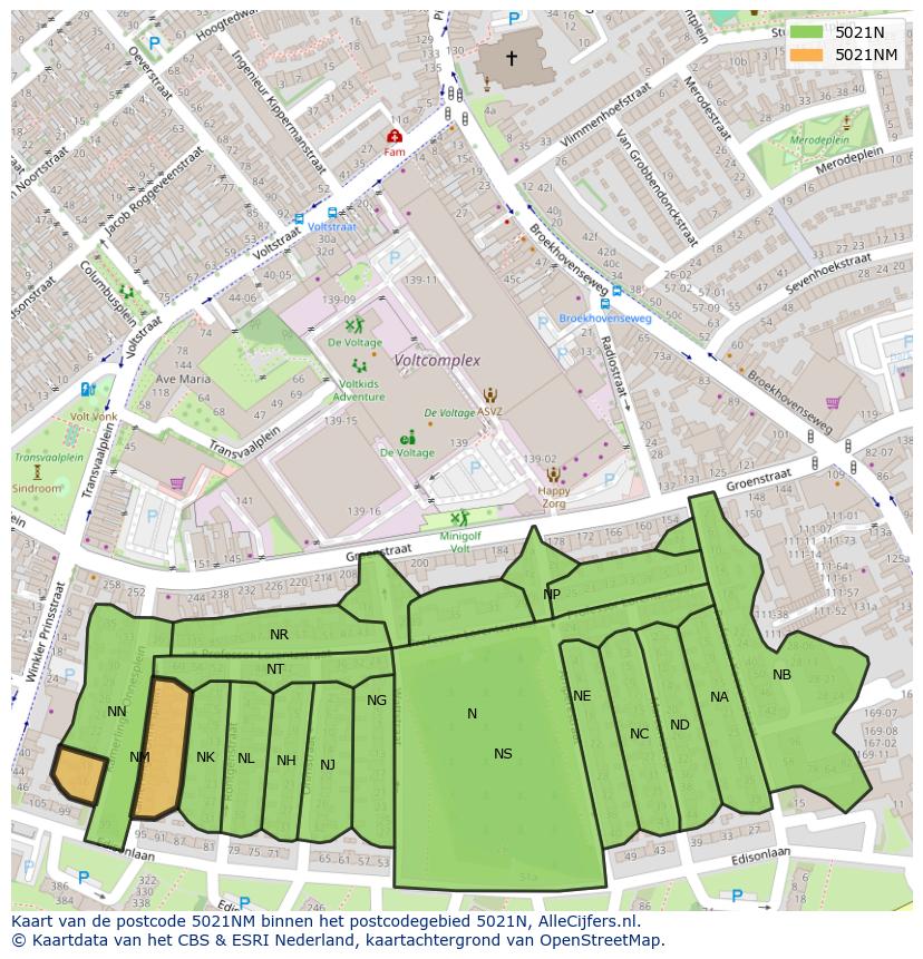 Afbeelding van het postcodegebied 5021 NM op de kaart.