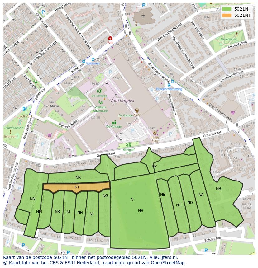 Afbeelding van het postcodegebied 5021 NT op de kaart.