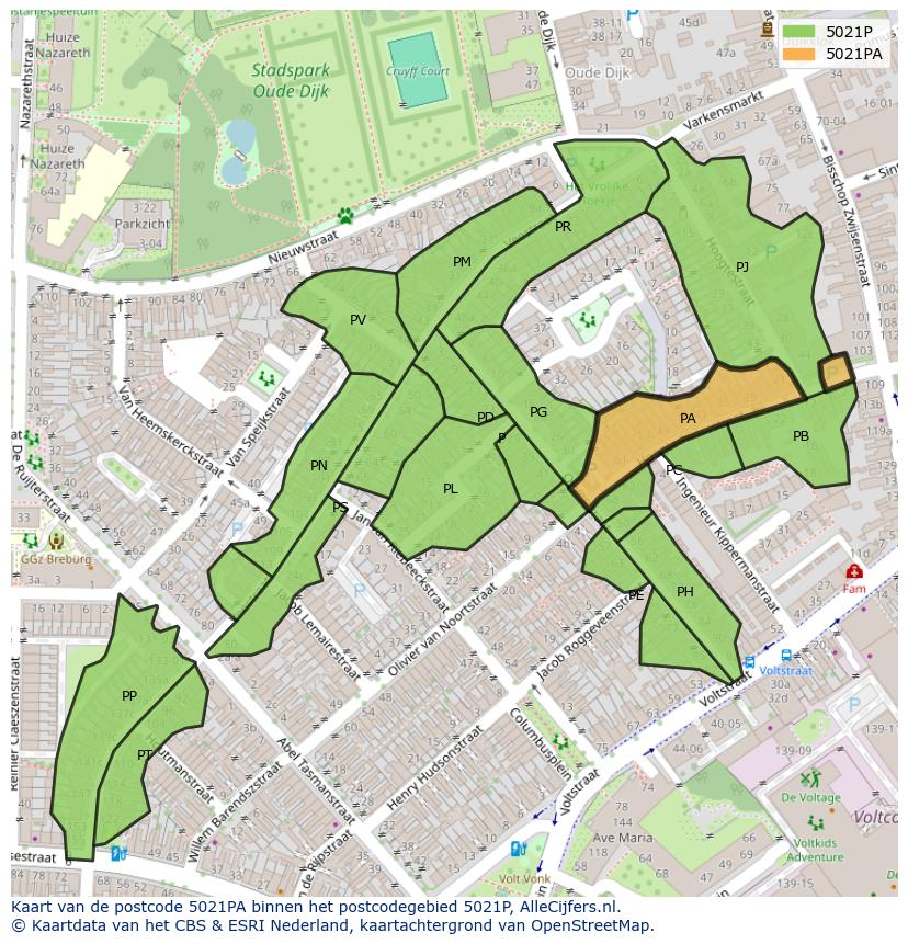 Afbeelding van het postcodegebied 5021 PA op de kaart.