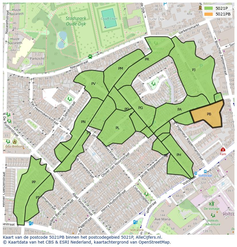 Afbeelding van het postcodegebied 5021 PB op de kaart.