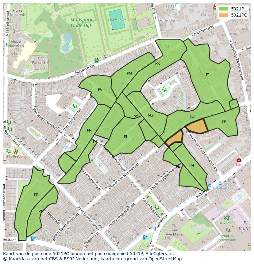 Afbeelding van het postcodegebied 5021 PC op de kaart.