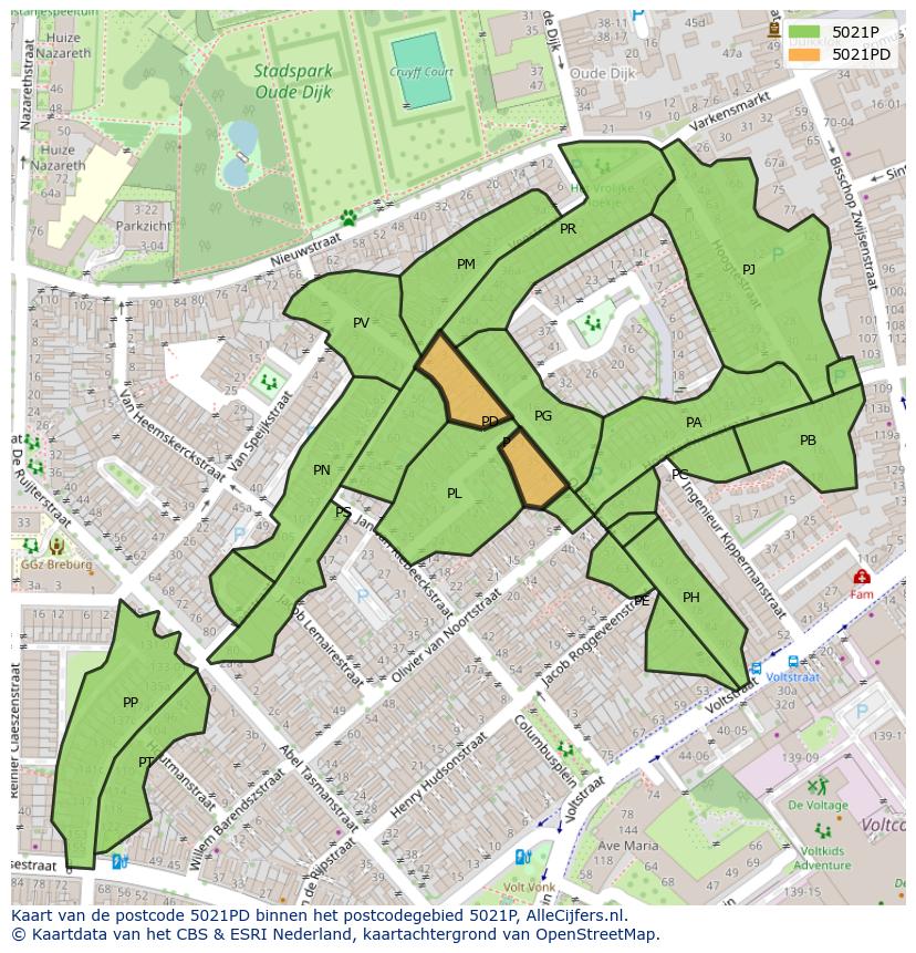Afbeelding van het postcodegebied 5021 PD op de kaart.